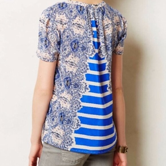 Anthropologie Maeve Archivist Blouse S 100% Silk Striped Paisley Boho Blue - Picture 7 of 8